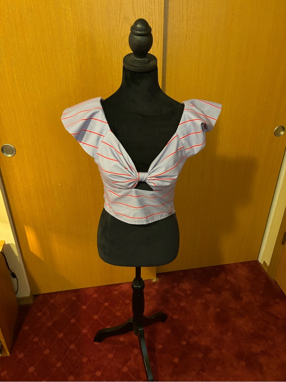 Guess Blue and Red Striped Knot-Front Crop Top